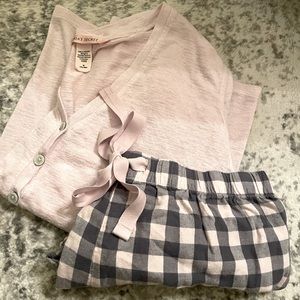 Victoria secret women pajama set size M. Shorts and long sleeve button up top